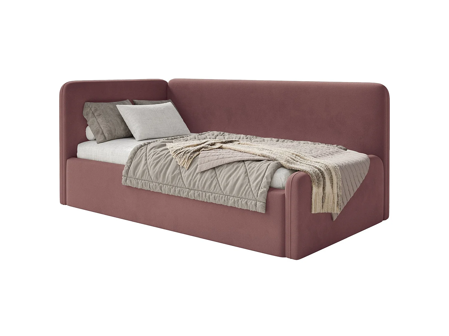 Tienerbed 90x200 met hoofdbord links – velours – roze – FANKO