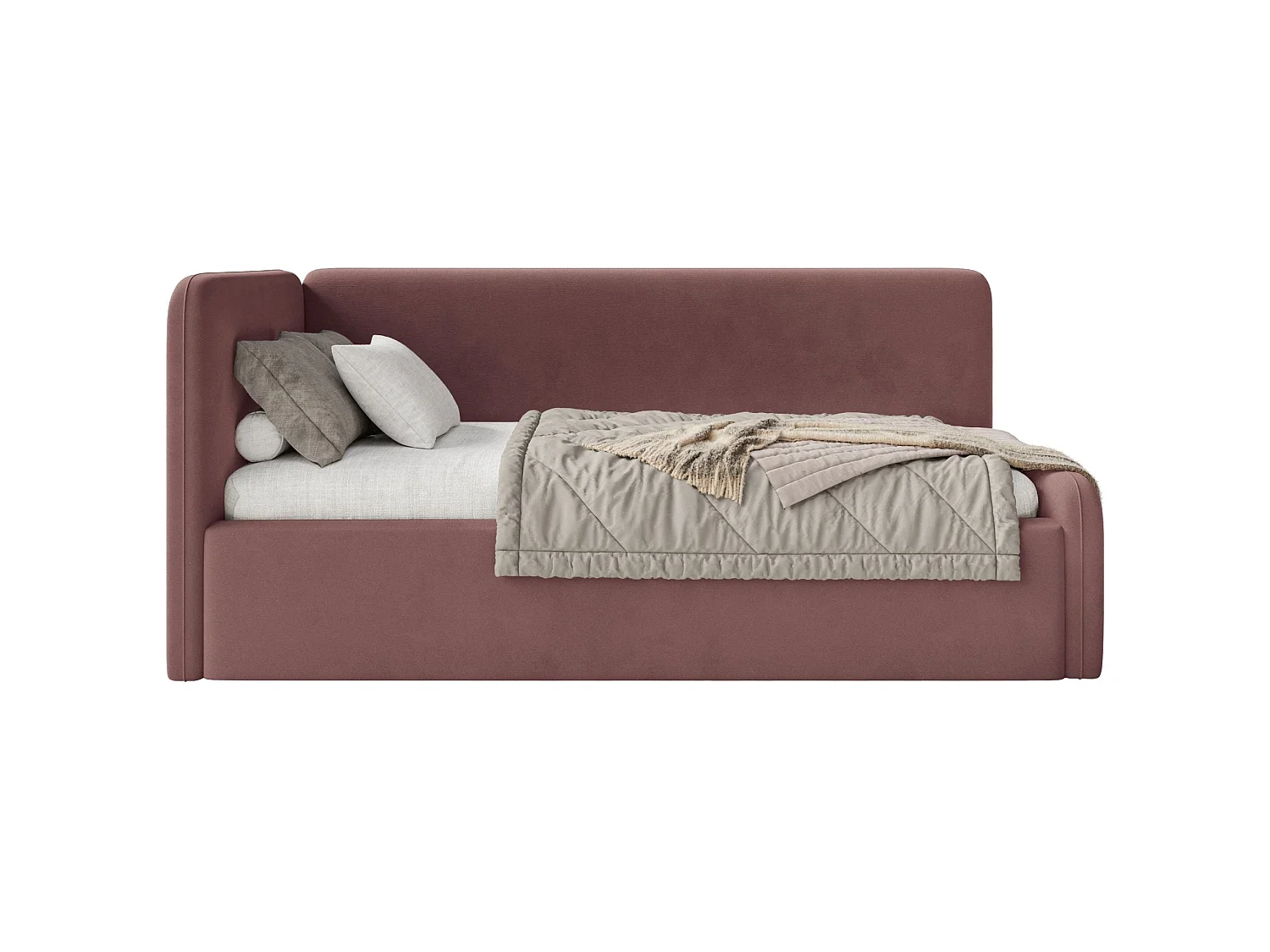 Tienerbed 90x200 met hoofdbord links – velours – roze – FANKO
