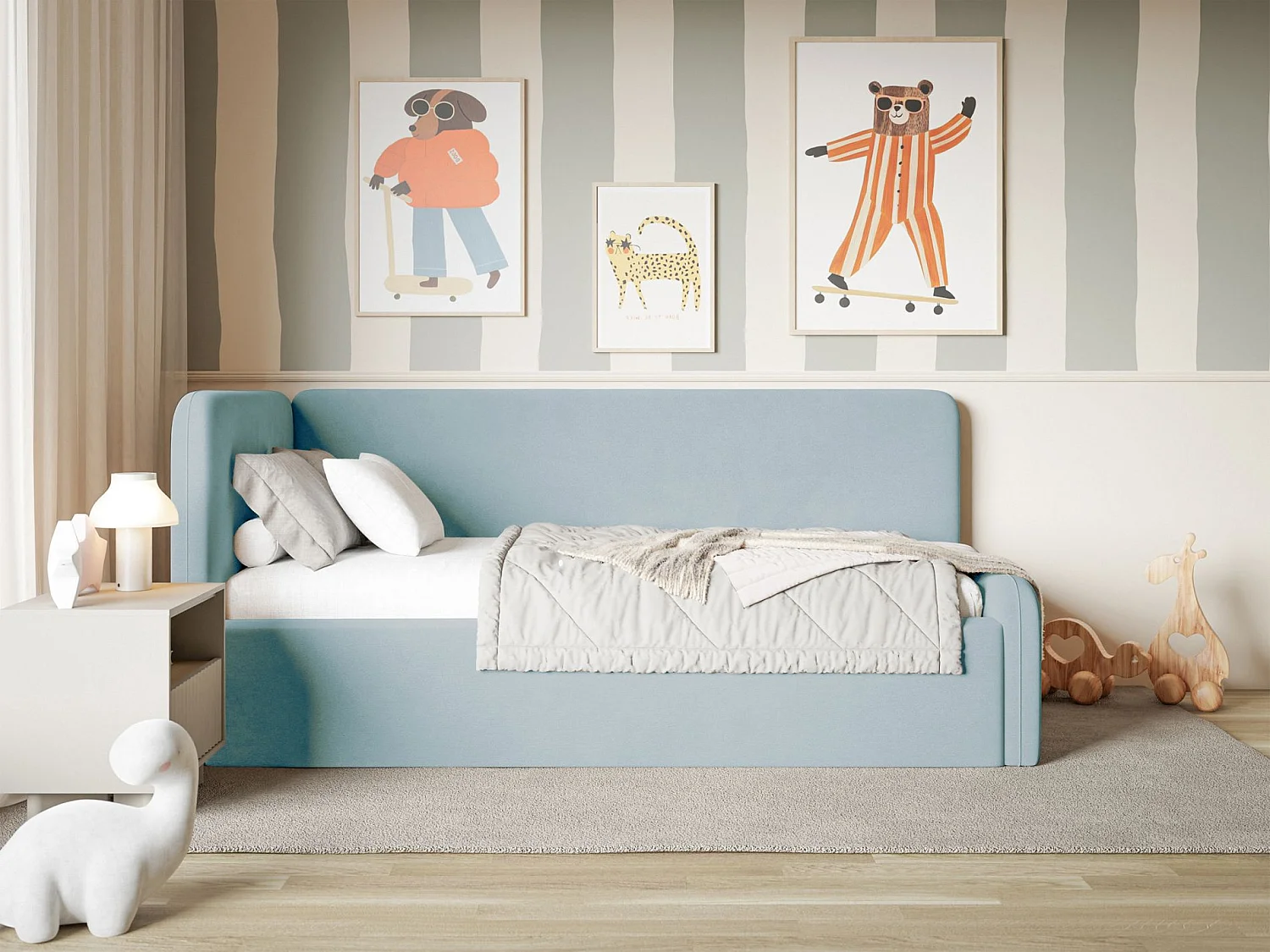 Tienerbed 90x200 met hoofdbord links – velours – lichtblauw – FANKO