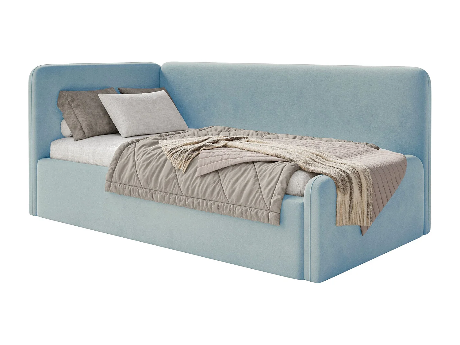 Tienerbed 90x200 met hoofdbord links – velours – lichtblauw – FANKO