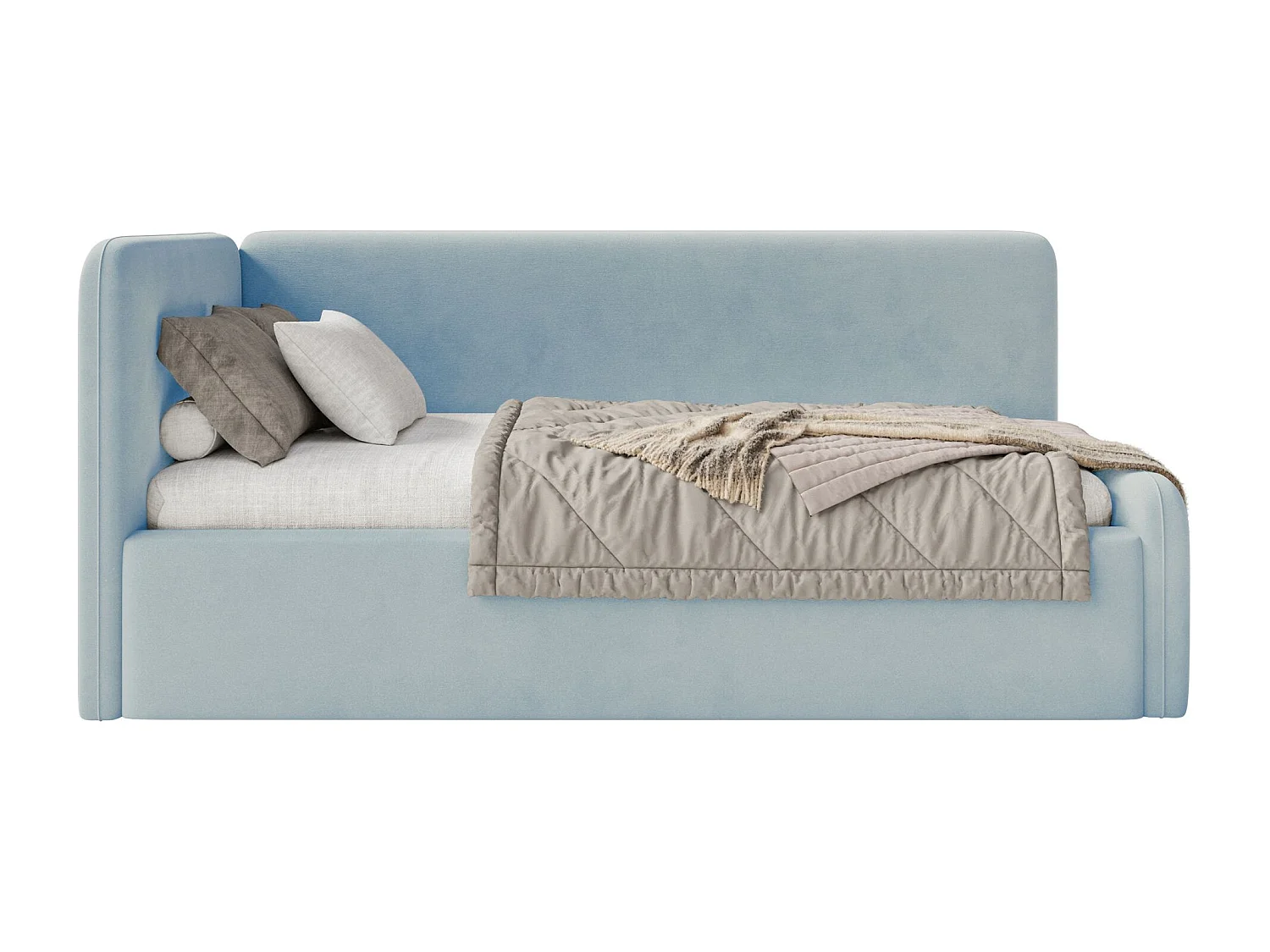 Tienerbed 90x200 met hoofdbord links – velours – lichtblauw – FANKO