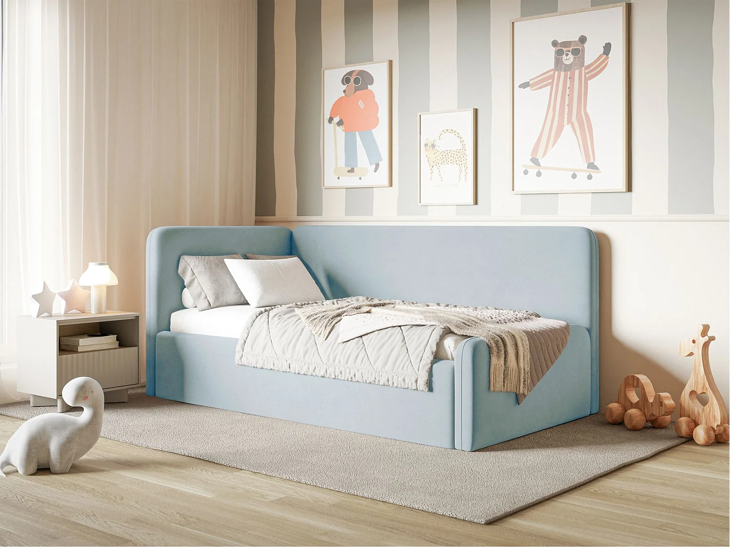 Tienerbed 90x200 met hoofdbord links – velours – lichtblauw – FANKO