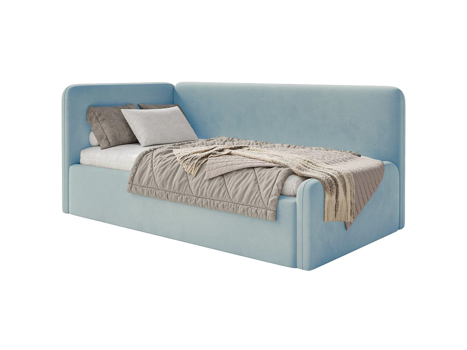 Tienerbed 90x200 met hoofdbord links – velours – lichtblauw – FANKO