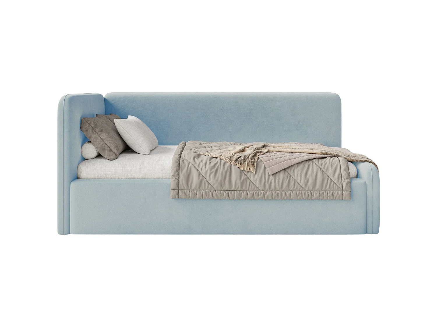 Tienerbed 90x200 met hoofdbord links – velours – lichtblauw – FANKO