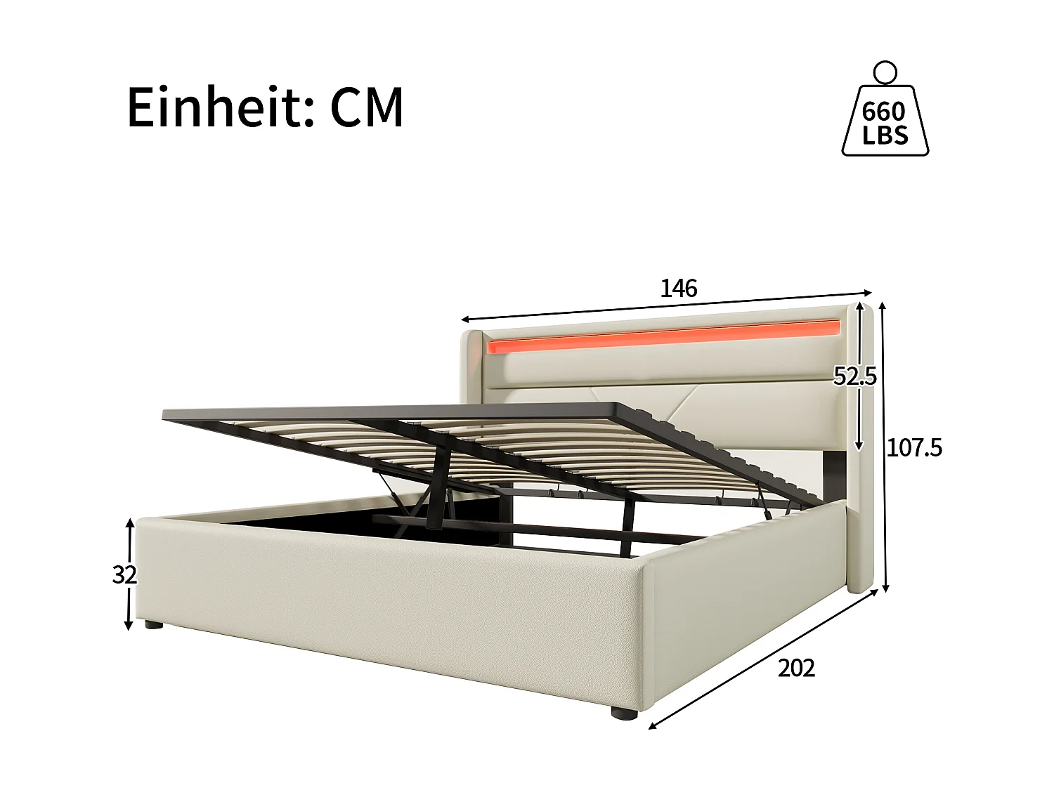 Lit coffre 140x200 cm, tête de lit LED, avec matelas à ressorts, revêtement PU blanc(Sans matelas)