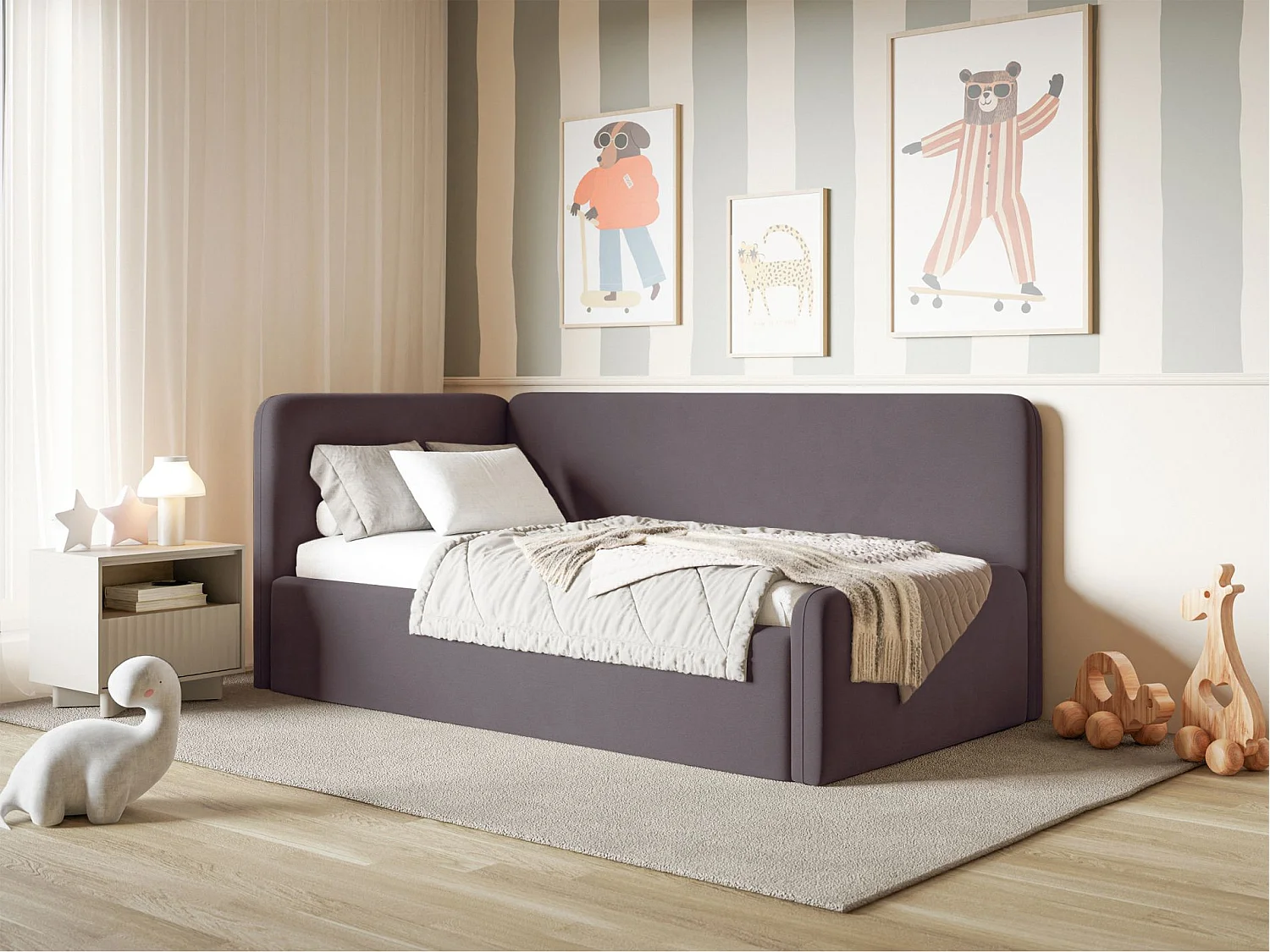 Tienerbed 90x200 met hoofdbord links – velours – paars – FANKO