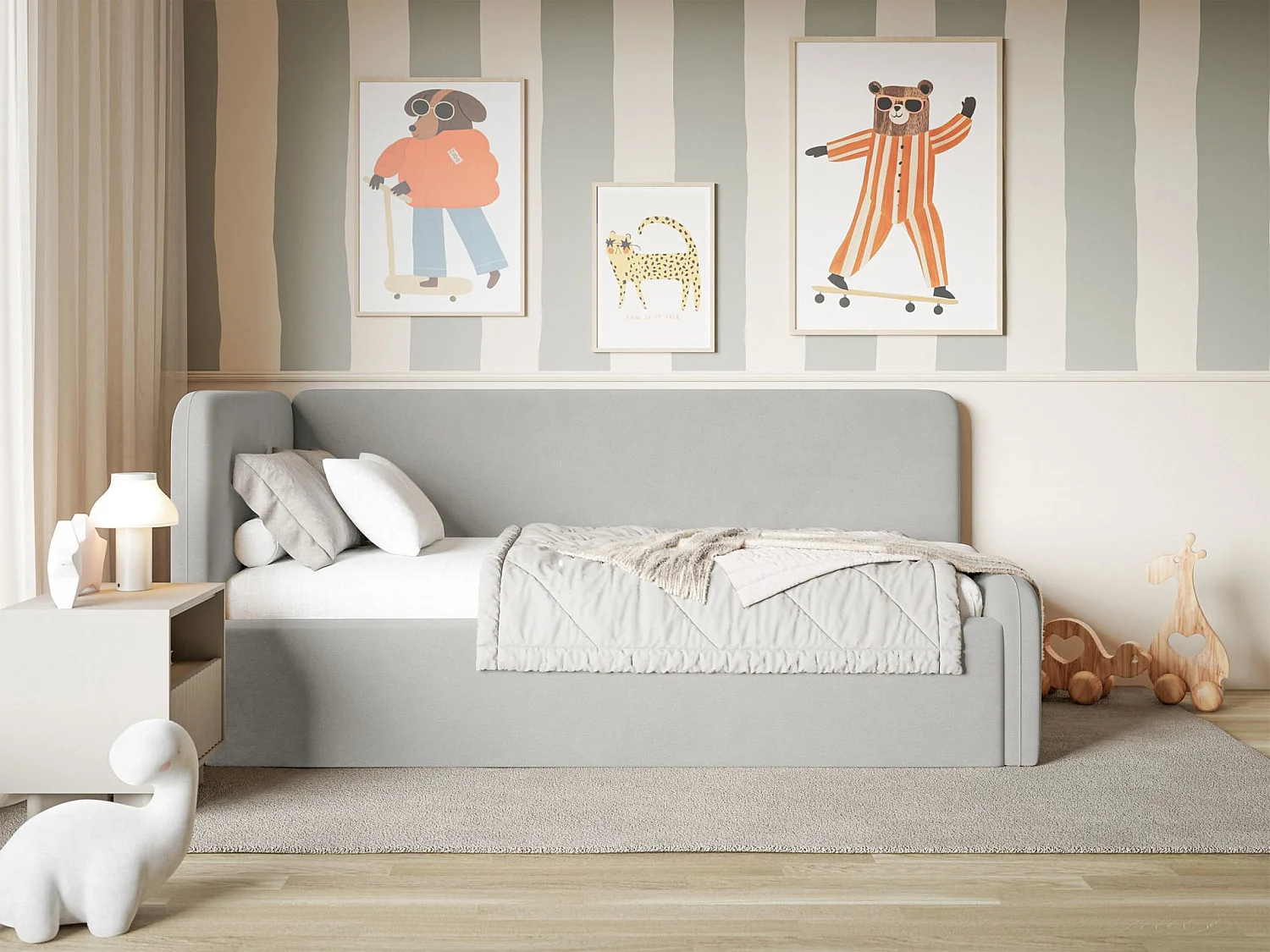 Tienerbed 90x200 met hoofdbord links – velours – lichtgrijs – FANKO