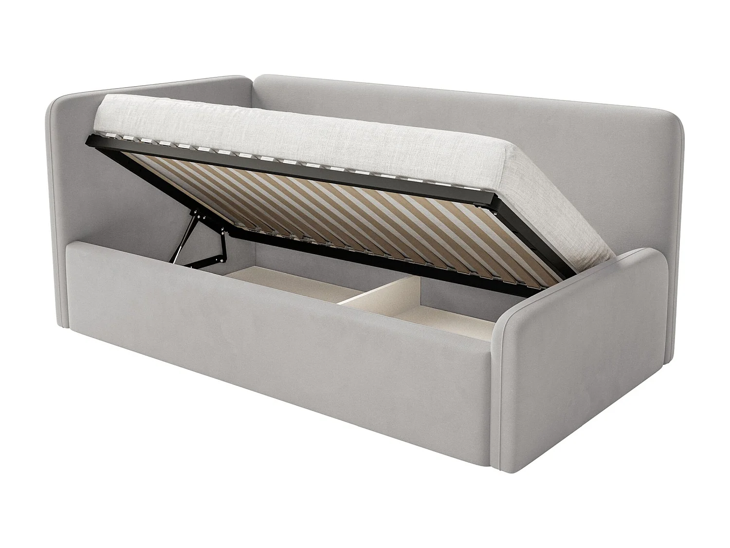 Tienerbed 90x200 met hoofdbord links – velours – lichtgrijs – FANKO