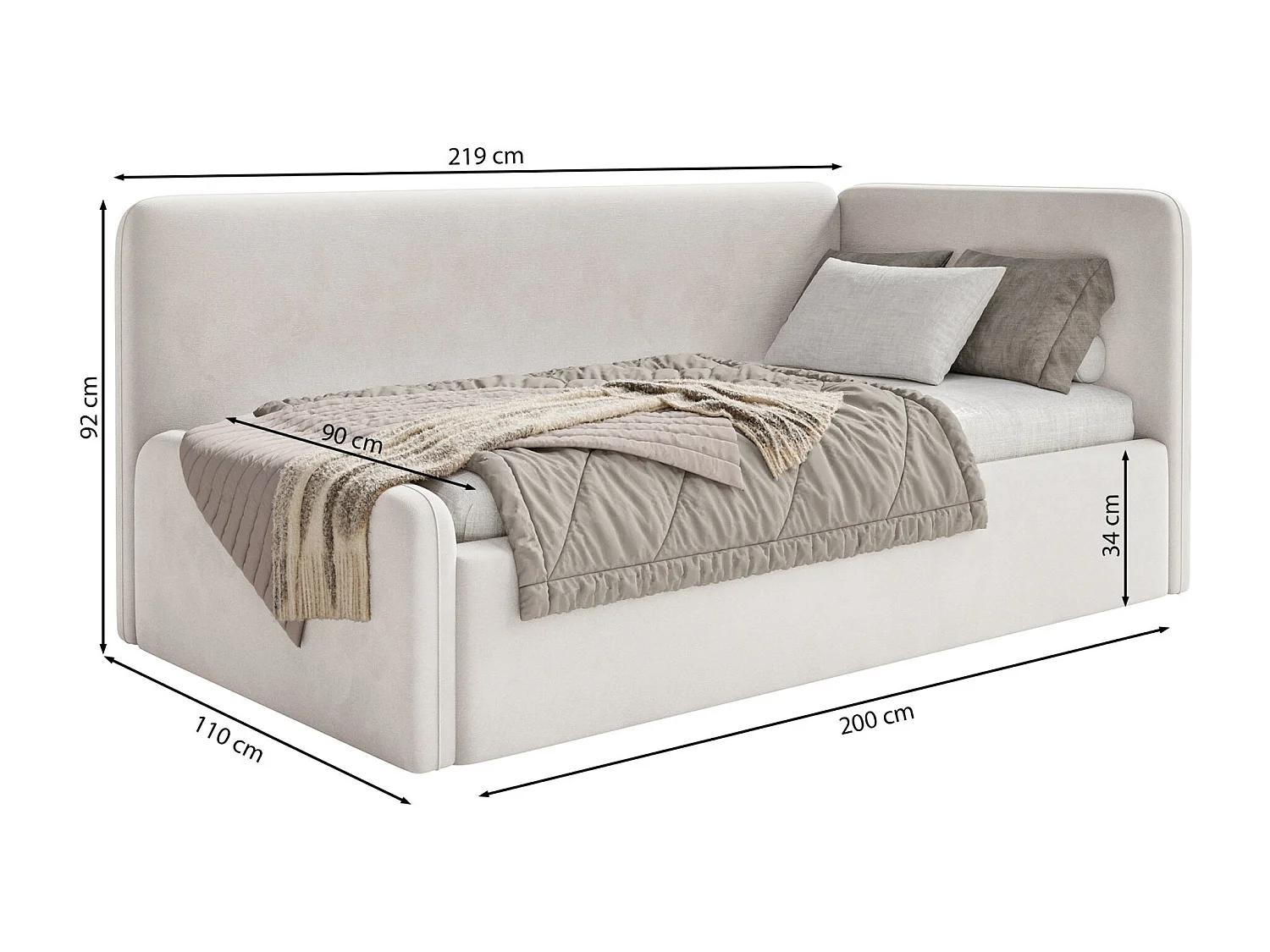 Tienerbed 90x200 met hoofdbord links – velours – lichtgrijs – FANKO