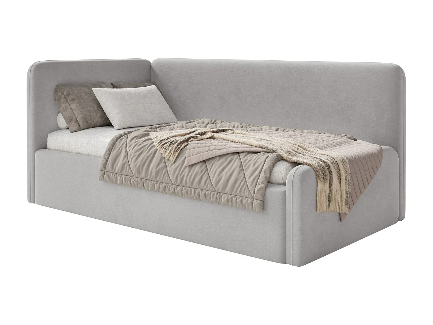 Tienerbed 90x200 met hoofdbord links – velours – lichtgrijs – FANKO