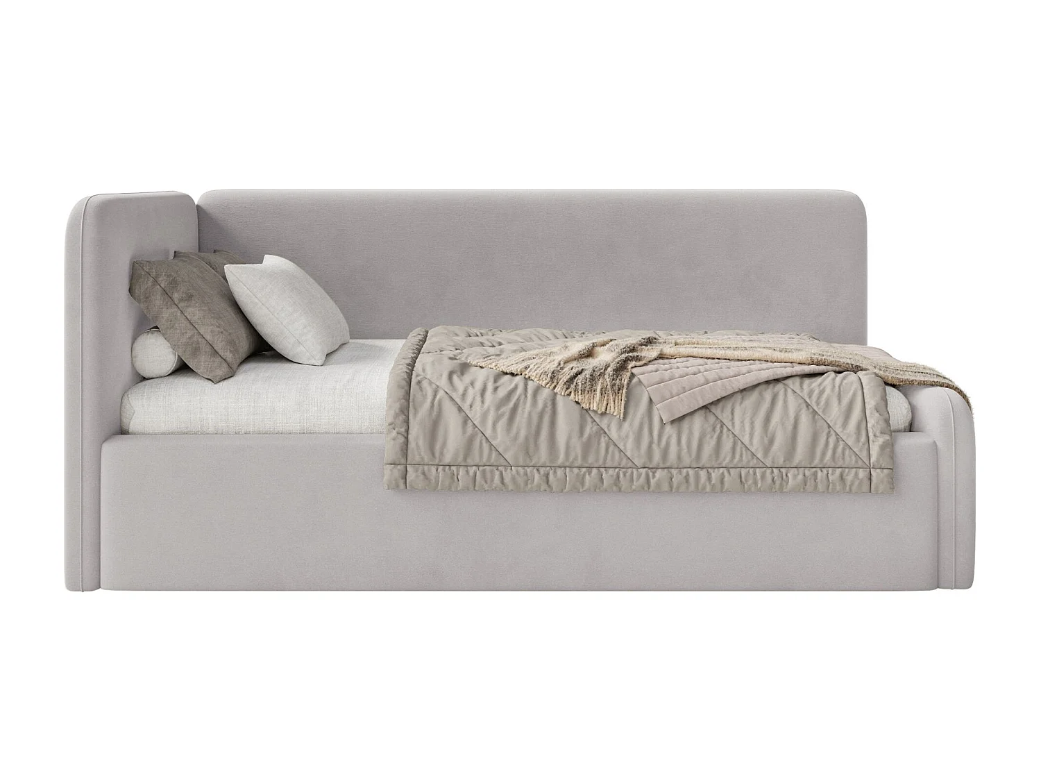 Tienerbed 90x200 met hoofdbord links – velours – lichtgrijs – FANKO