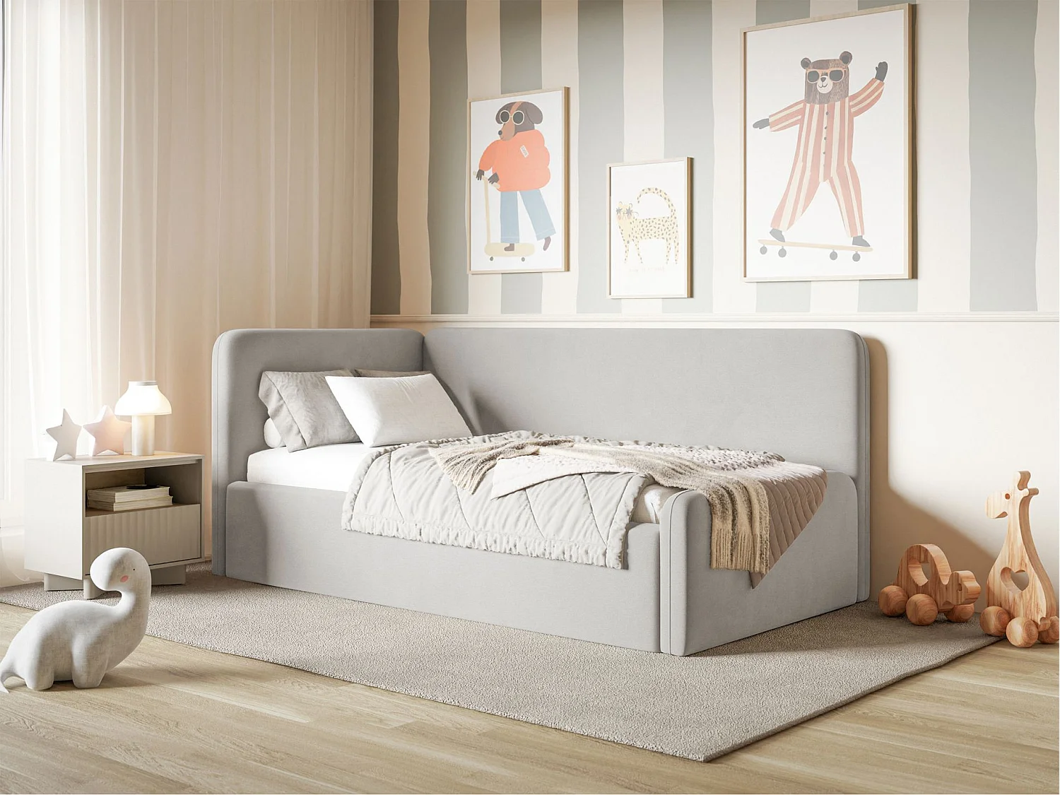 Tienerbed 90x200 met hoofdbord links – velours – lichtgrijs – FANKO