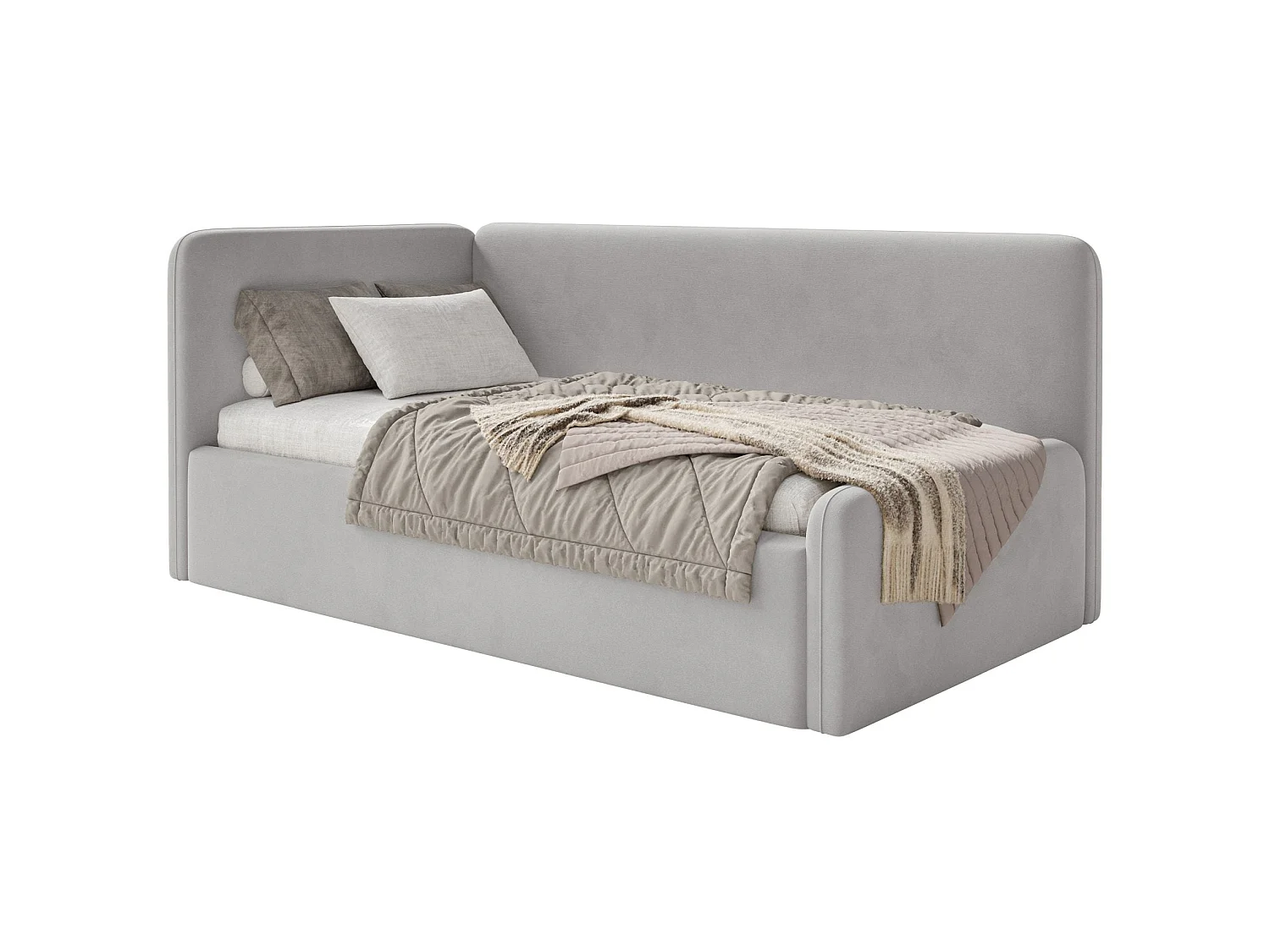 Tienerbed 90x200 met hoofdbord links – velours – lichtgrijs – FANKO