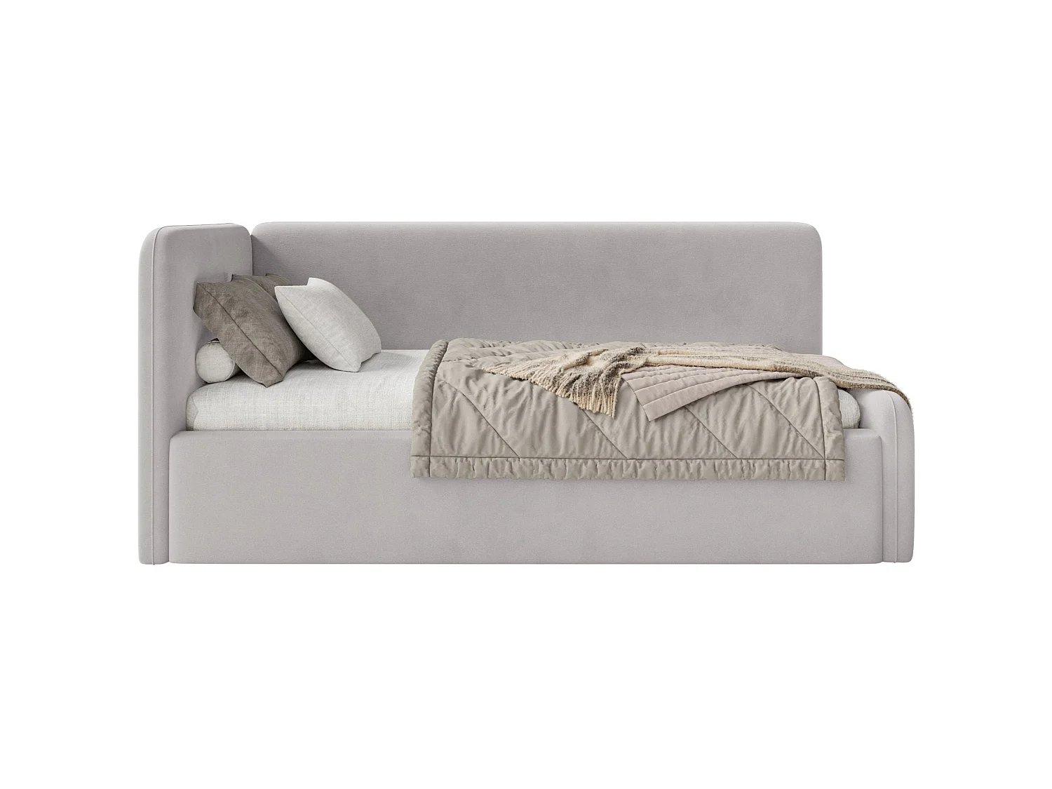 Tienerbed 90x200 met hoofdbord links – velours – lichtgrijs – FANKO