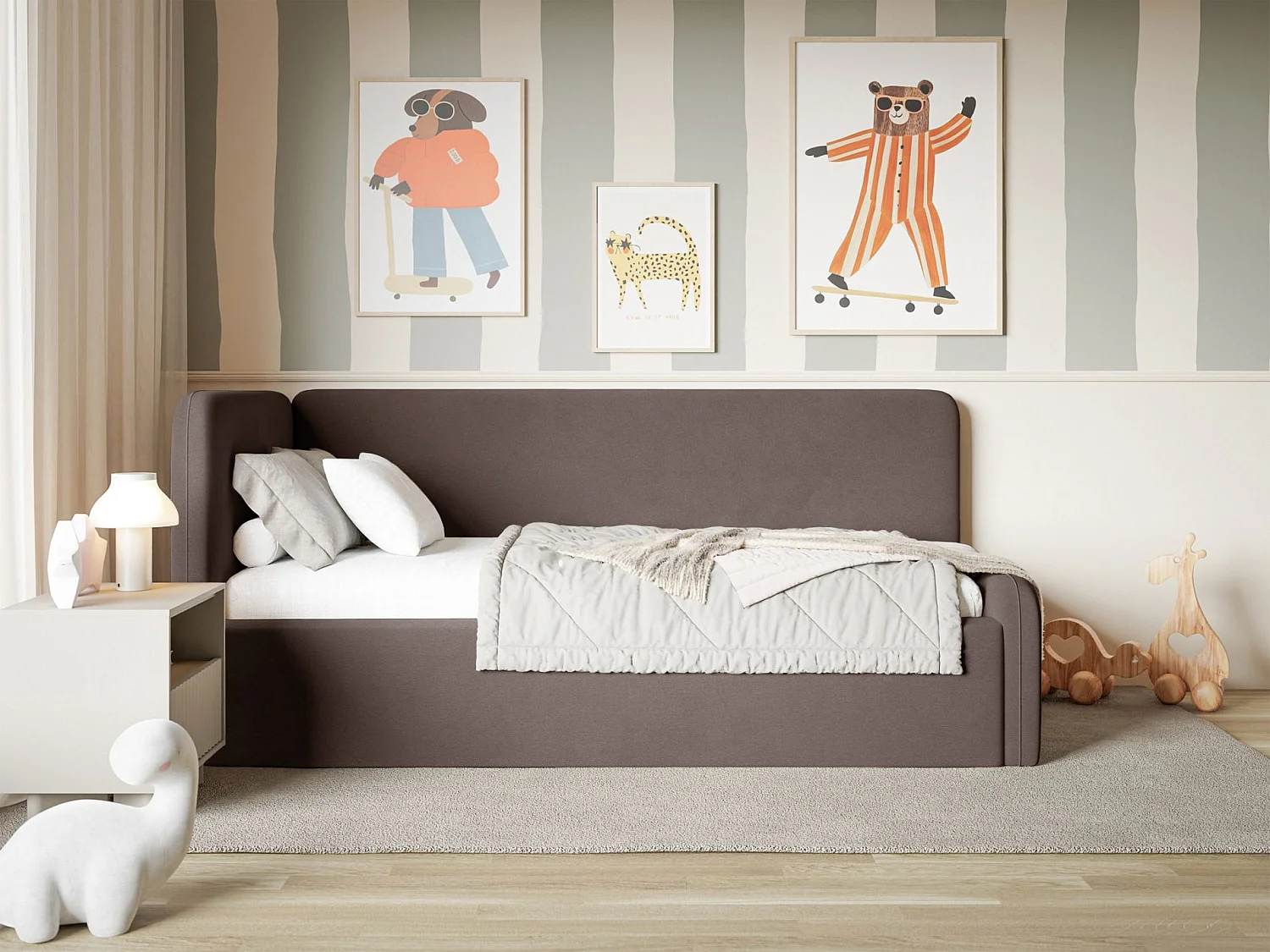 Tienerbed 90x200 met hoofdbord links – velours – bruin – FANKO