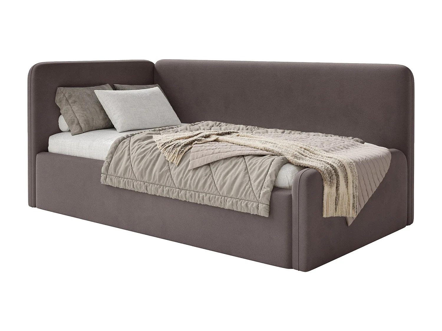 Tienerbed 90x200 met hoofdbord links – velours – bruin – FANKO