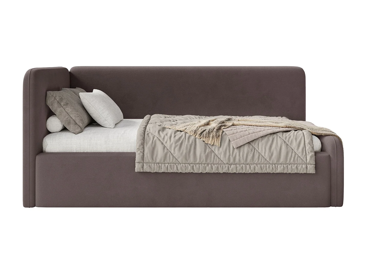 Tienerbed 90x200 met hoofdbord links – velours – bruin – FANKO