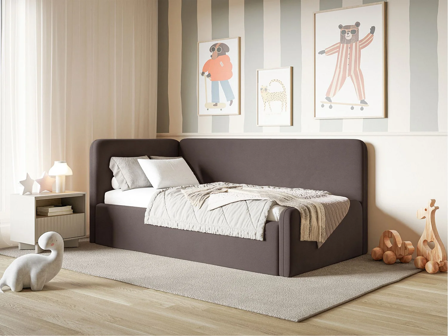 Tienerbed 90x200 met hoofdbord links – velours – bruin – FANKO