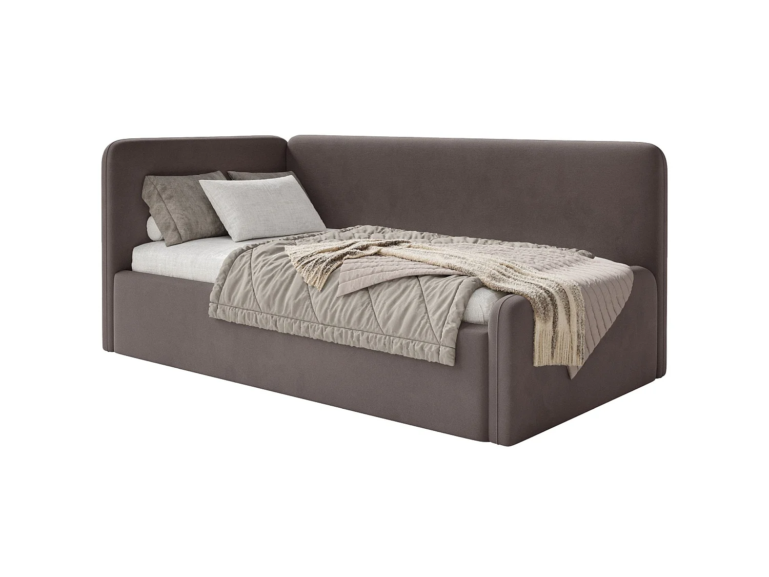 Tienerbed 90x200 met hoofdbord links – velours – bruin – FANKO