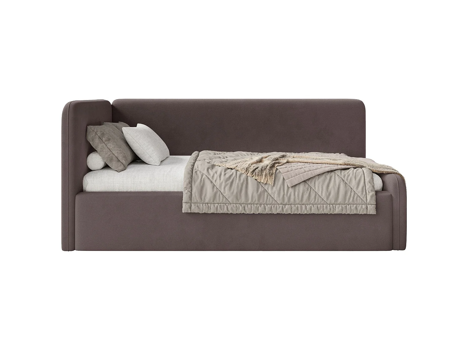 Tienerbed 90x200 met hoofdbord links – velours – bruin – FANKO