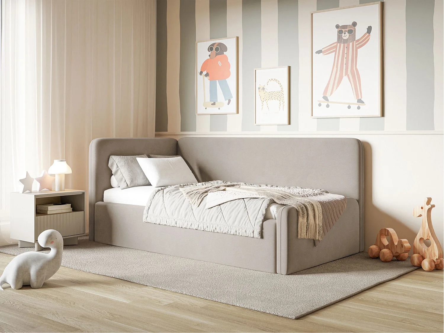Tienerbed 90x200 met hoofdbord links – velours – grijsbeige – FANKO