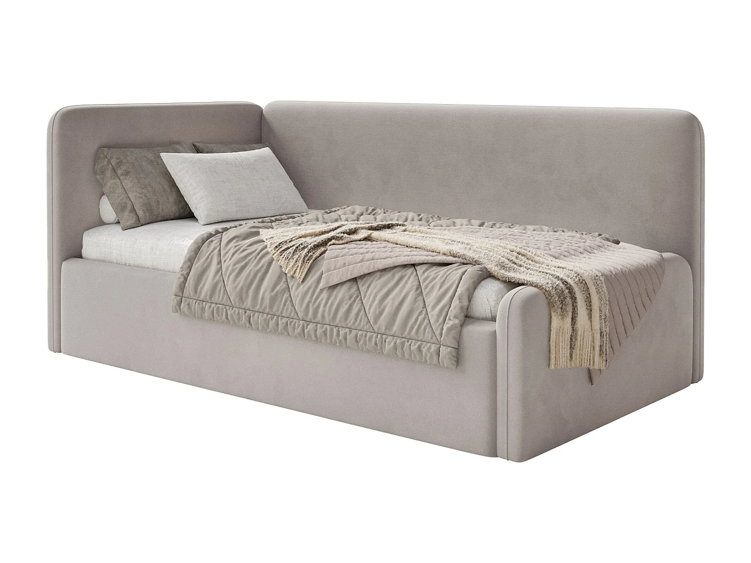 Tienerbed 90x200 met hoofdbord links – velours – grijsbeige – FANKO