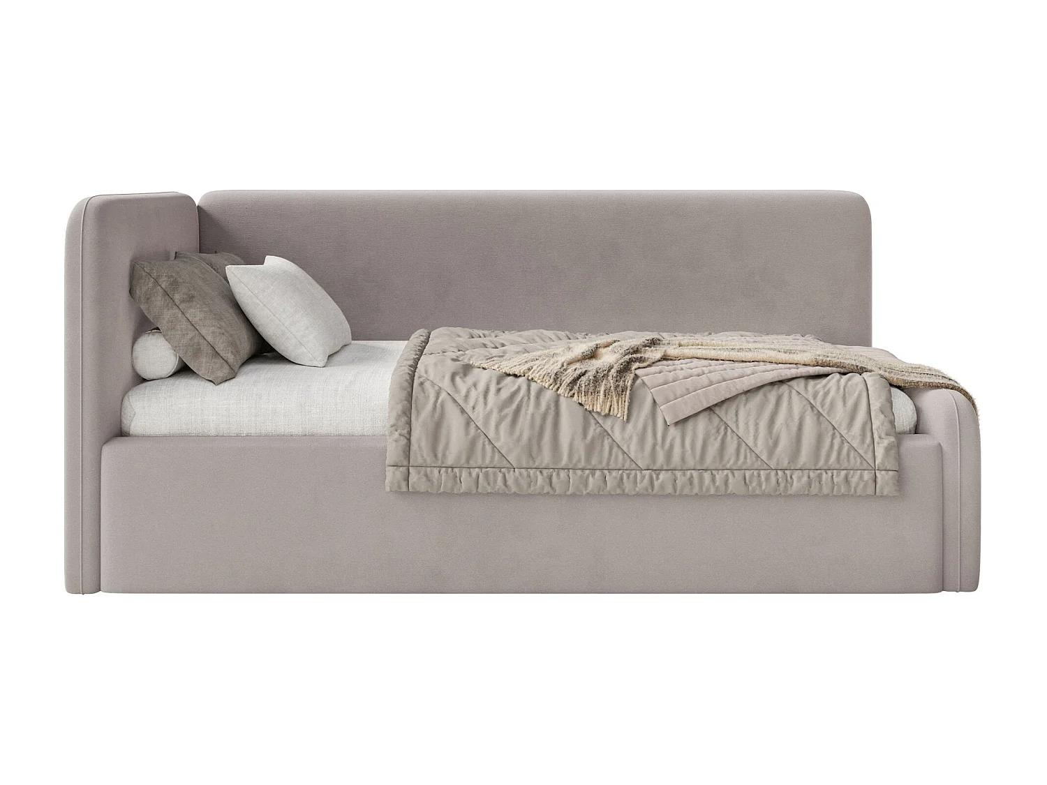 Tienerbed 90x200 met hoofdbord links – velours – grijsbeige – FANKO