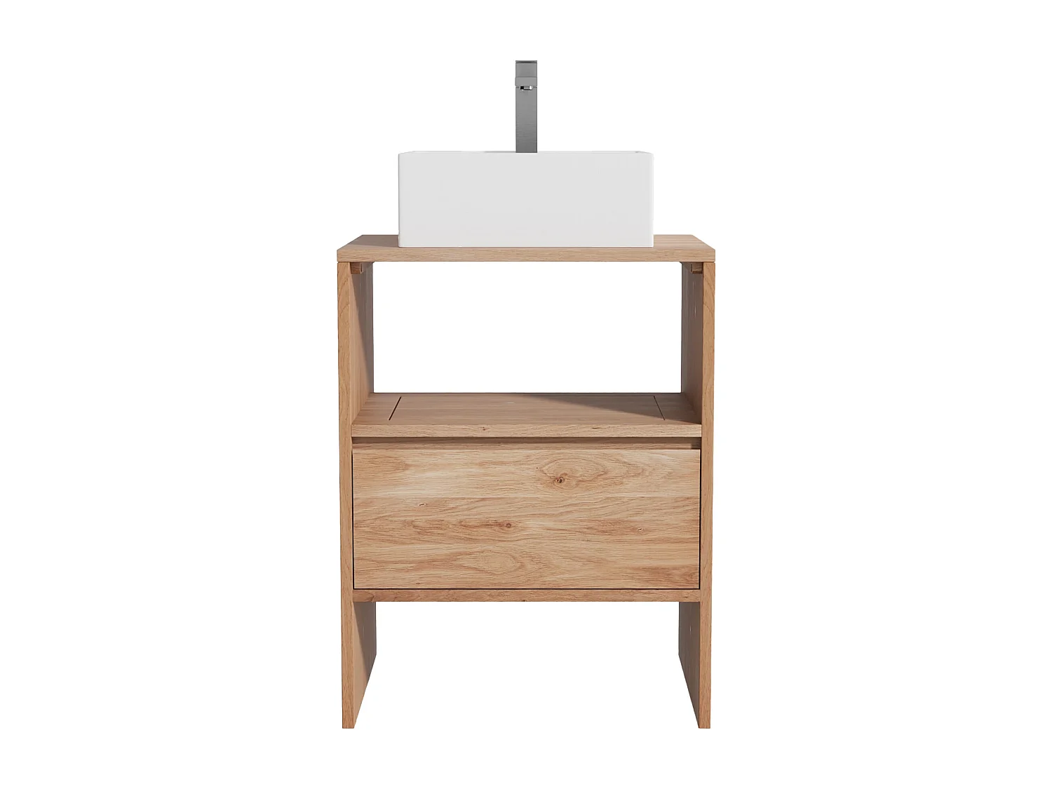 Unterschrank aus Massivholz Eiche mit quadratischem Aufsatzbecken und Armatur - Hell Natur - 60 cm - CAVIZO