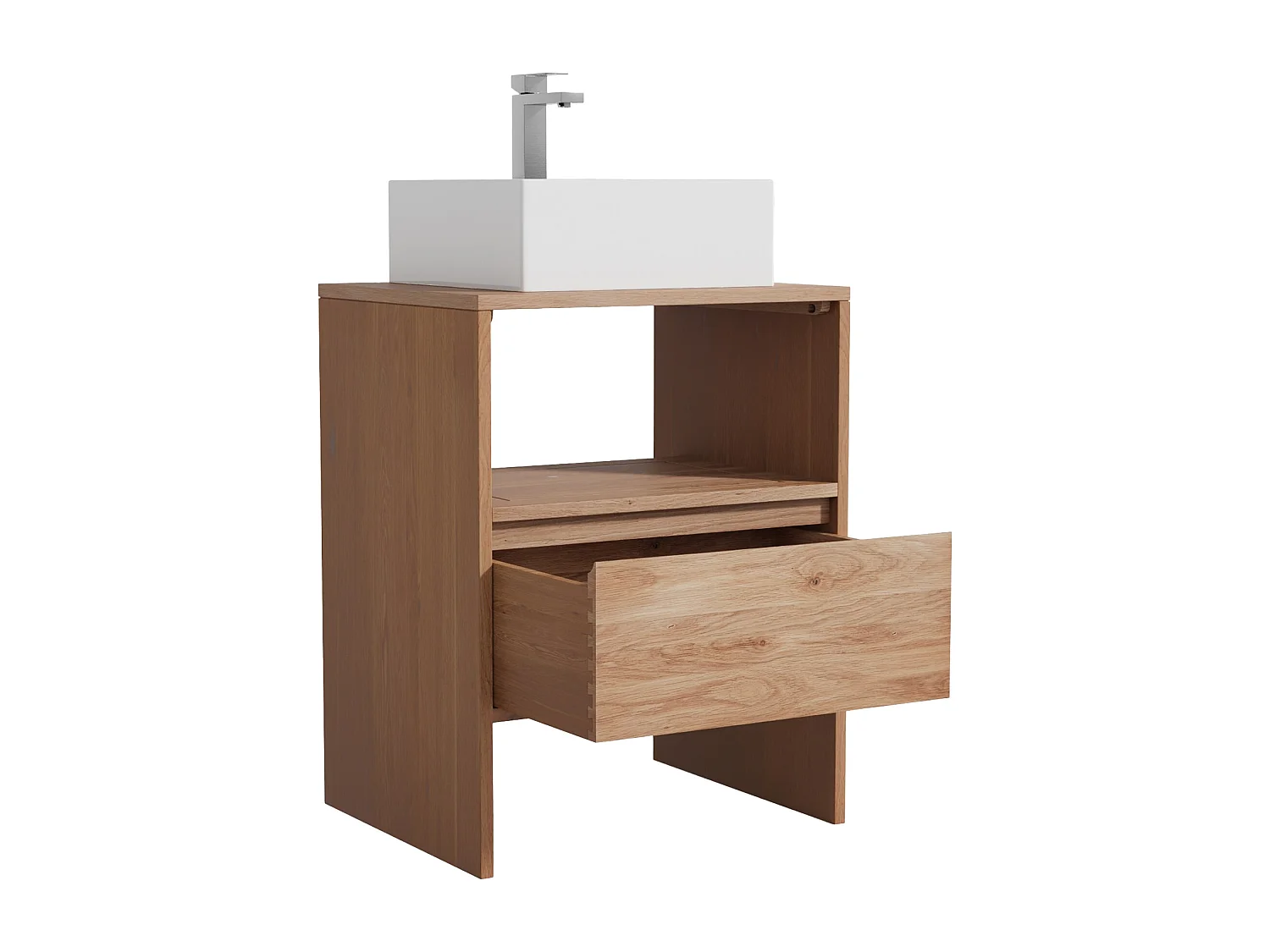 Unterschrank aus Massivholz Eiche mit quadratischem Aufsatzbecken und Armatur - Hell Natur - 60 cm - CAVIZO