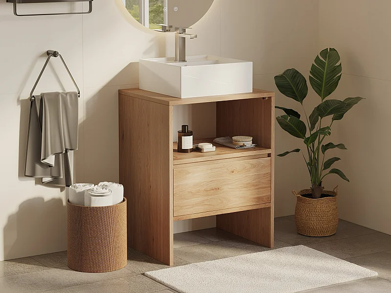 Unterschrank aus Massivholz Eiche mit quadratischem Aufsatzbecken und Armatur - Hell Natur - 60 cm - CAVIZO