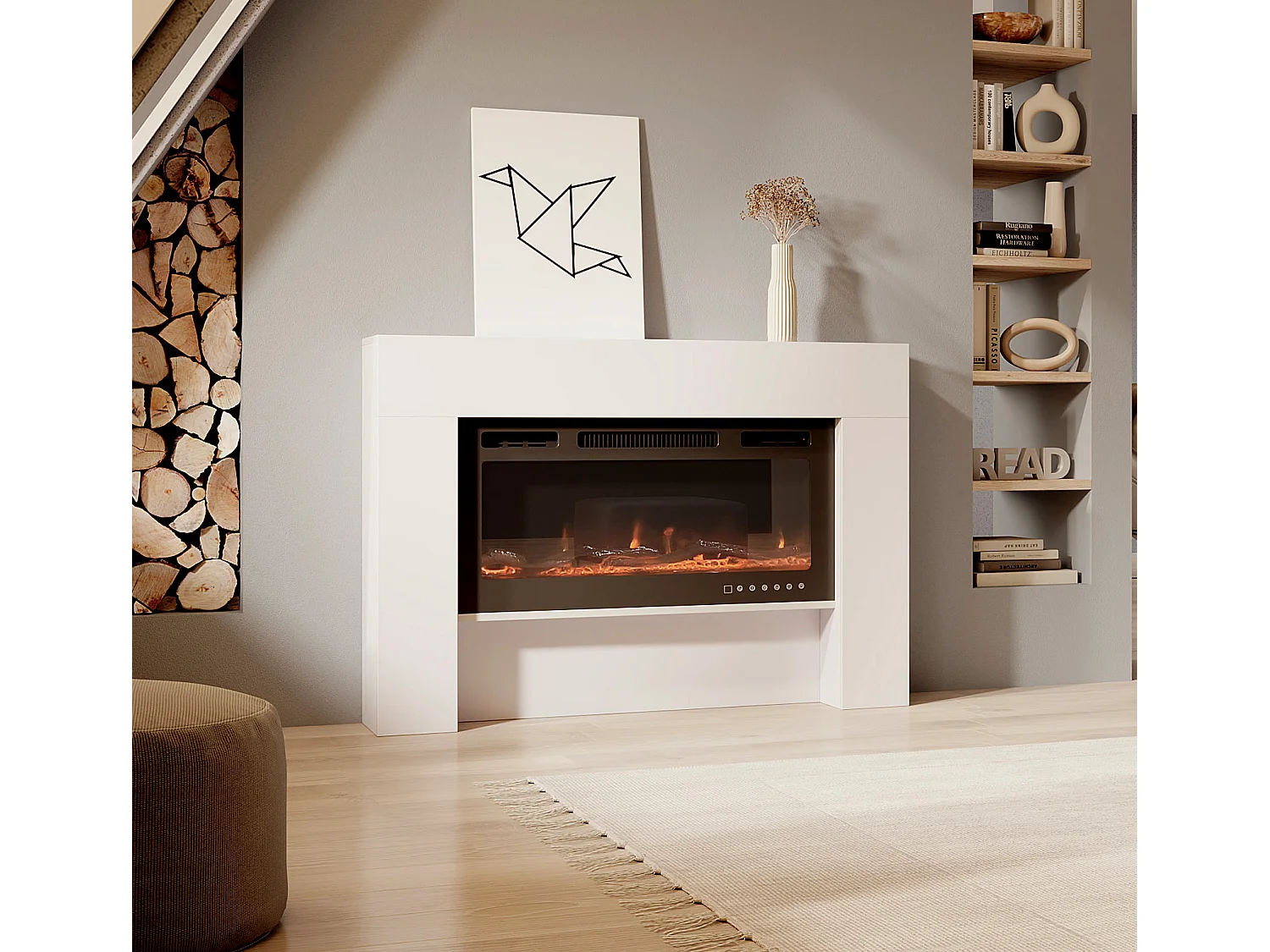 Mueble con chimenea para Salón comedor en Blanco 127,4x21x86,6cm Candela