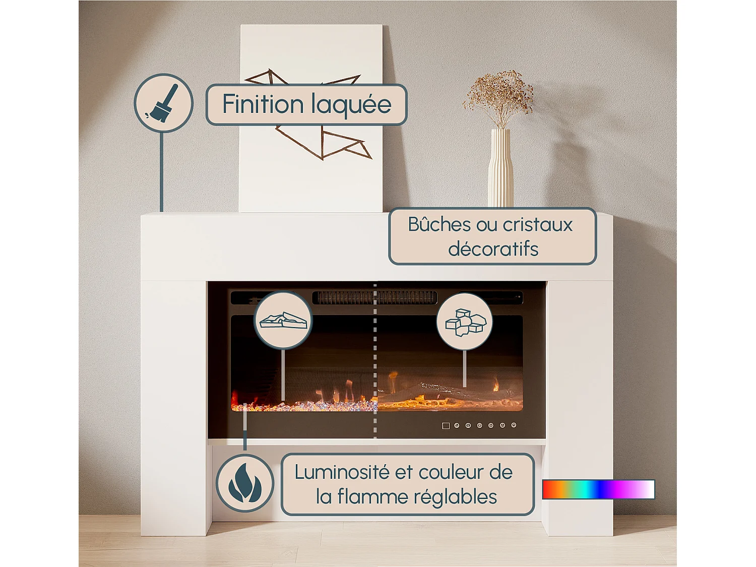 Mueble con chimenea para Salón comedor en Blanco 127,4x21x86,6cm Candela