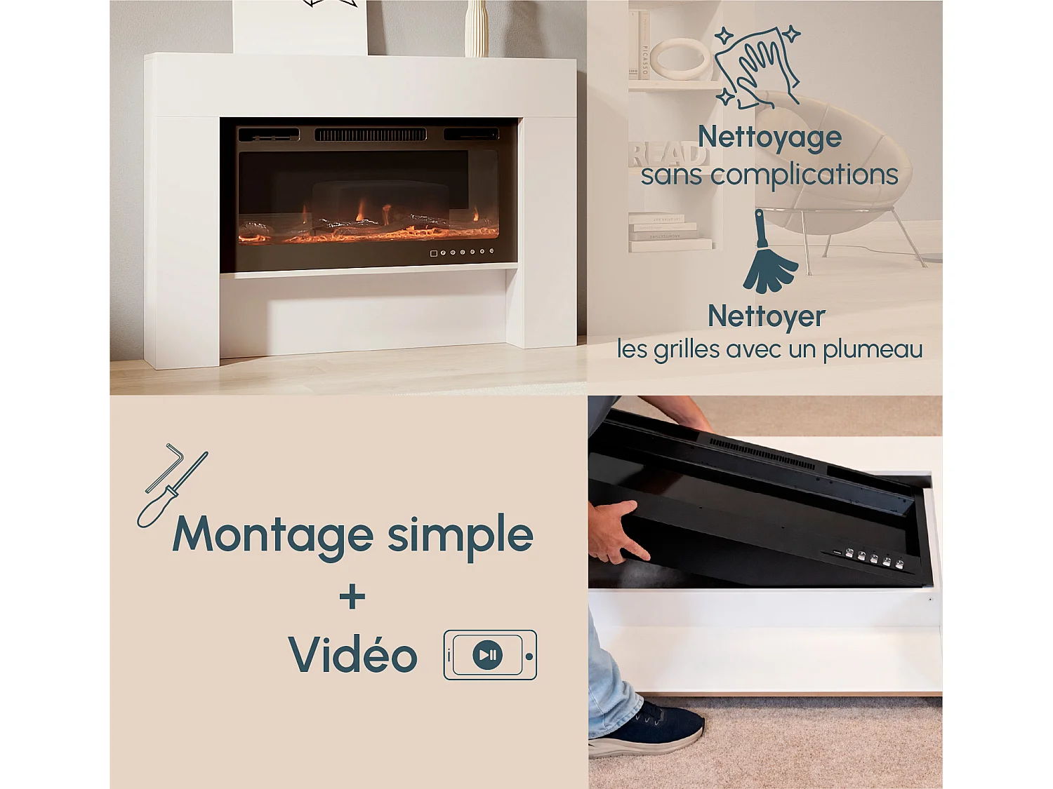 Mueble con chimenea para Salón comedor en Blanco 127,4x21x86,6cm Candela