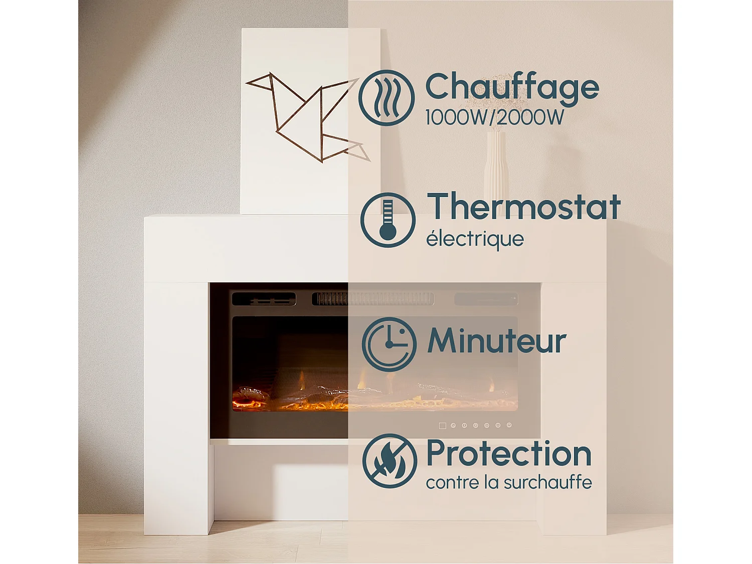 Mueble con chimenea para Salón comedor en Blanco 127,4x21x86,6cm Candela