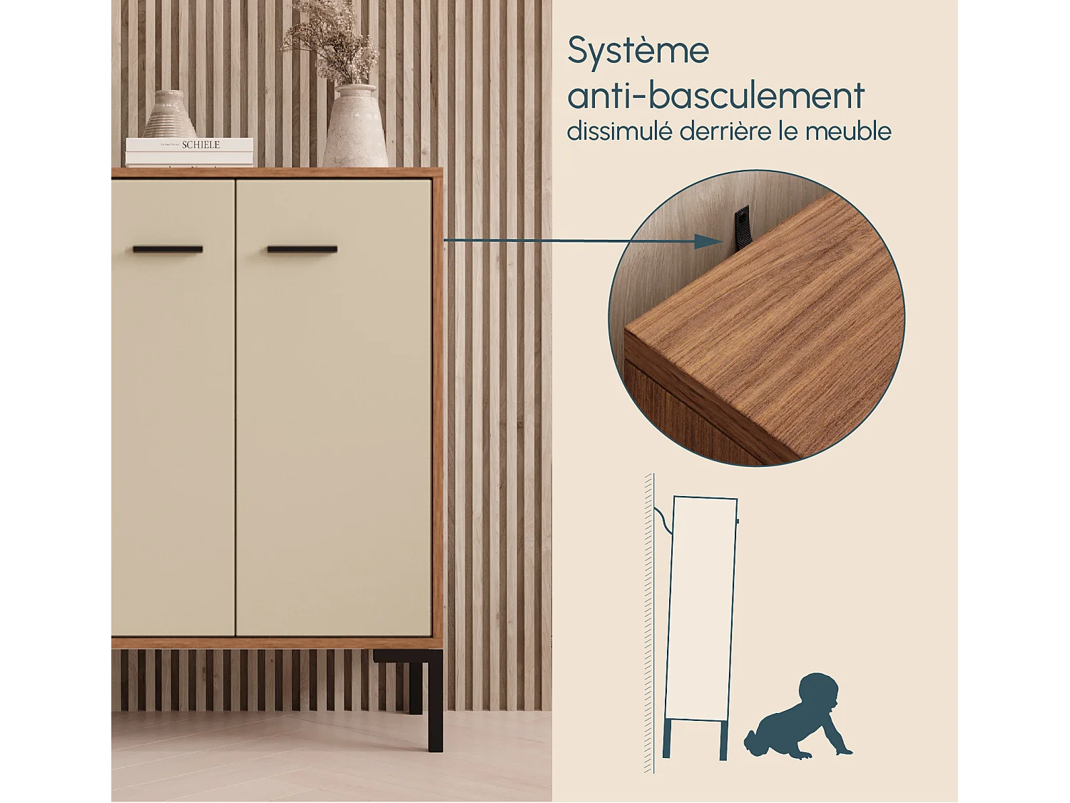 Bahut Buffet bas pour Salon Salle à manger en Noyer Ambar et Beige 60x30x84cm Lander L15