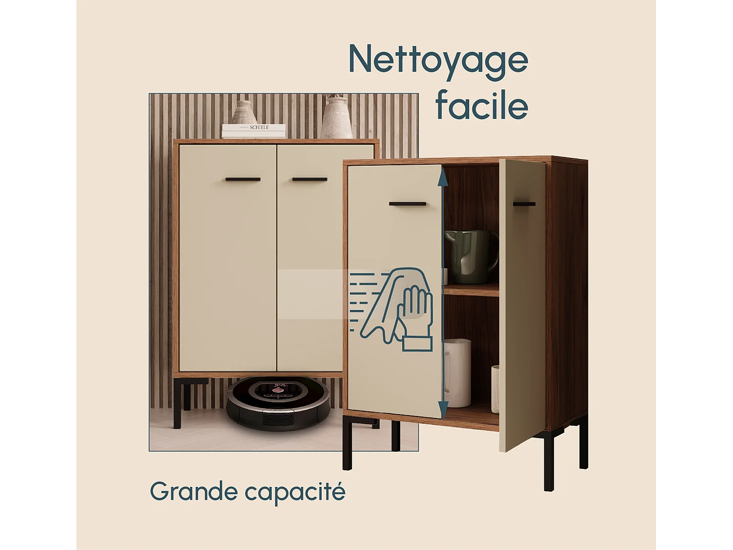 Bahut Buffet bas pour Salon Salle à manger en Noyer Ambar et Beige 60x30x84cm Lander L15