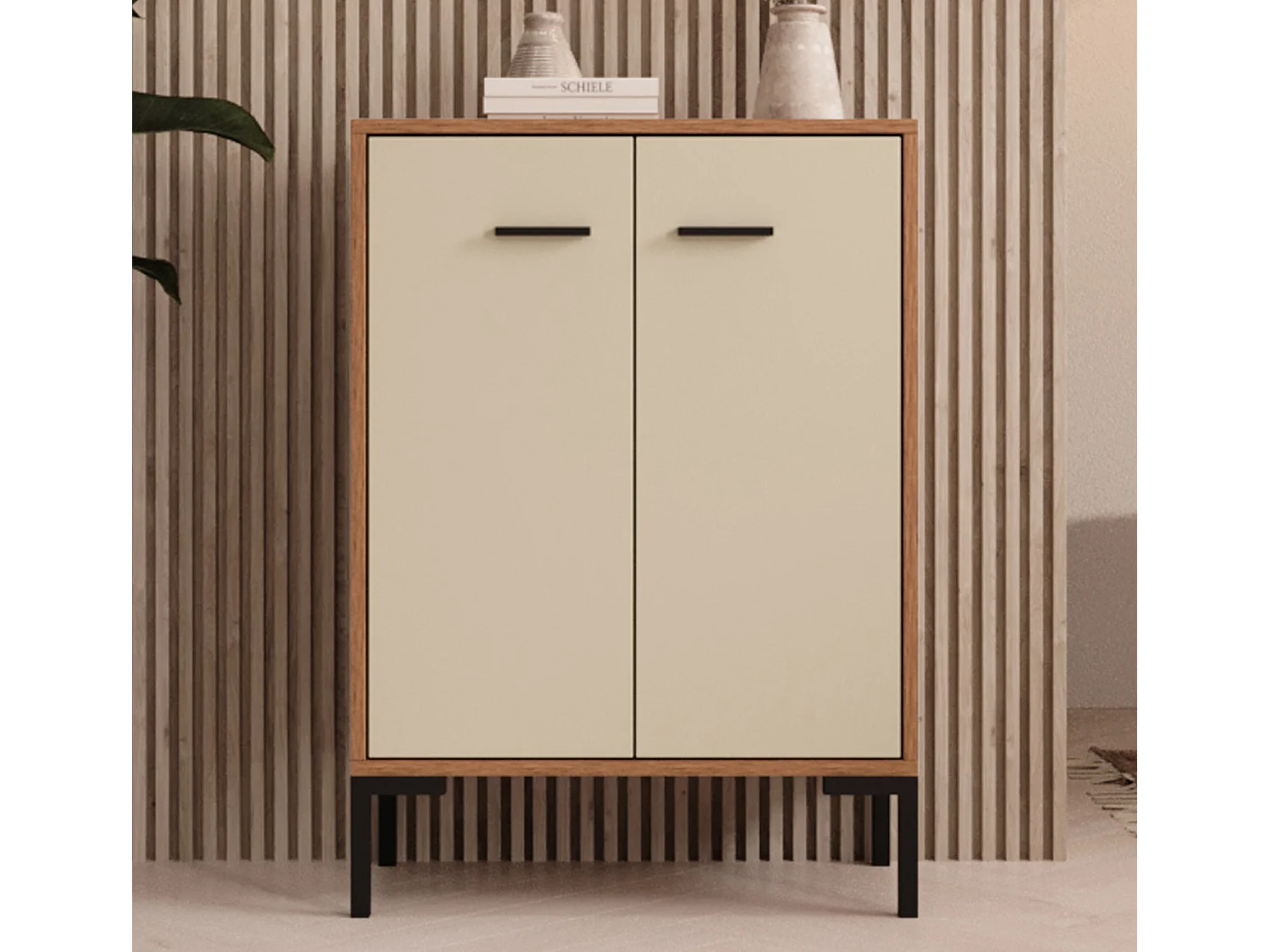 Aparador pequeño para Salón comedor en Nogal Ambar y Beige 60x30x84cm Lander L15