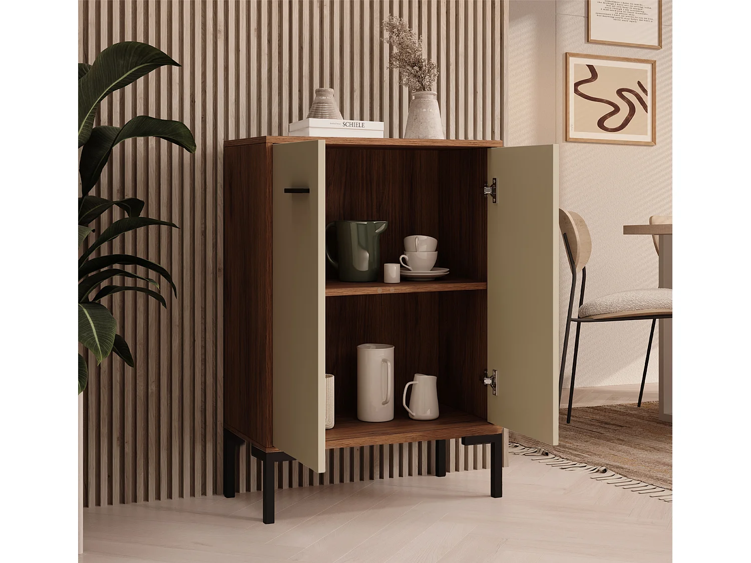 Aparador pequeño para Salón comedor en Nogal Ambar y Beige 60x30x84cm Lander L15