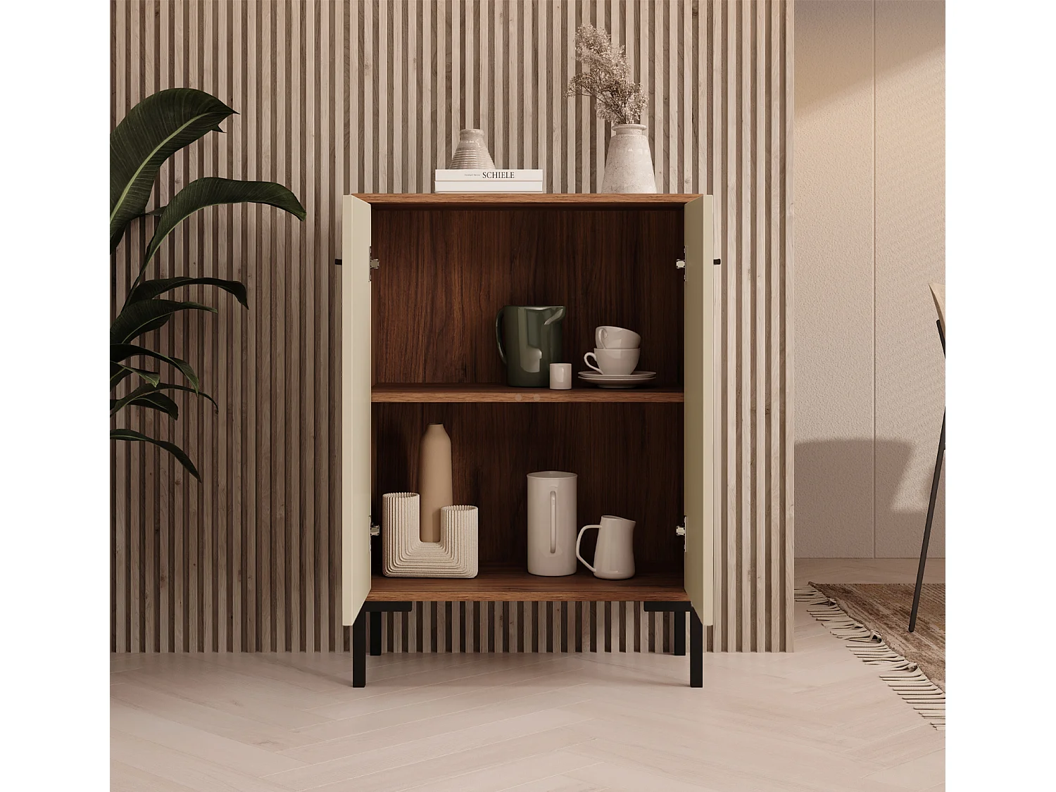 Aparador pequeño para Salón comedor en Nogal Ambar y Beige 60x30x84cm Lander L15