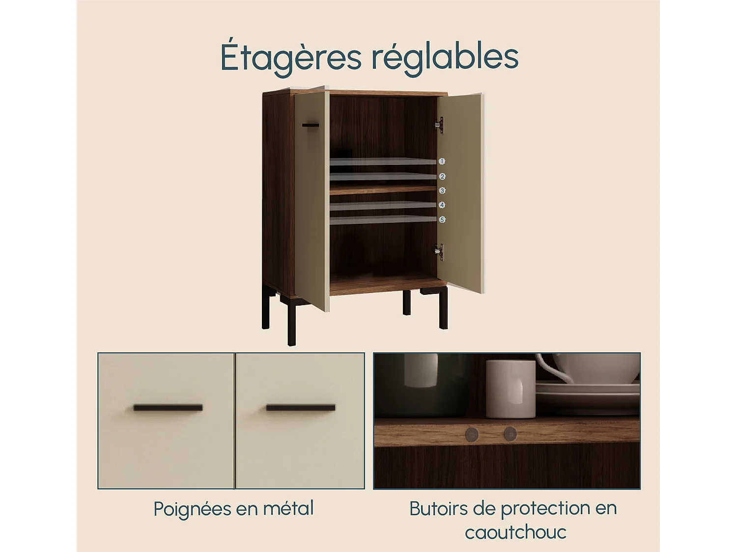 Aparador pequeño para Salón comedor en Nogal Ambar y Beige 60x30x84cm Lander L15