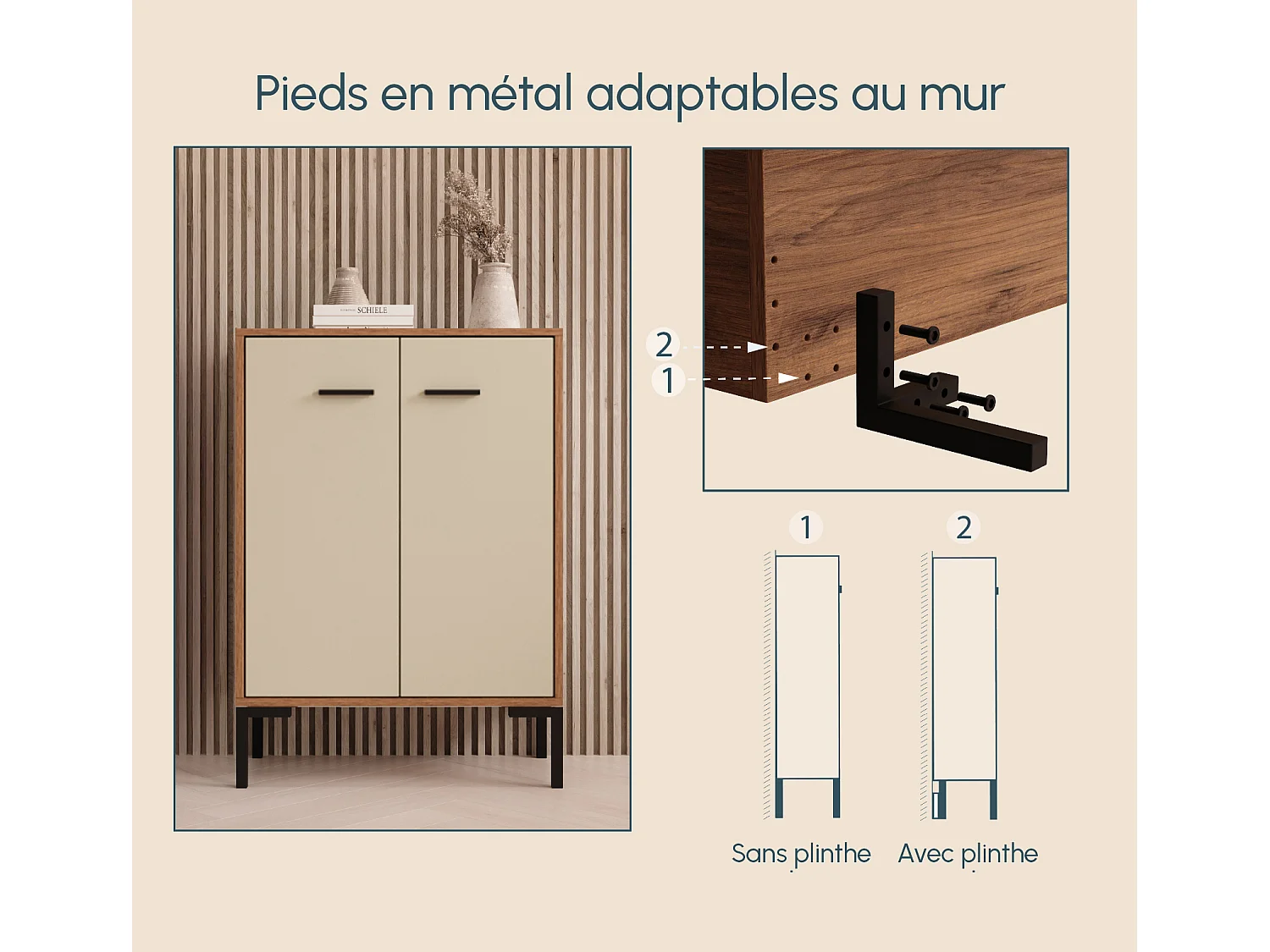 Aparador pequeño para Salón comedor en Nogal Ambar y Beige 60x30x84cm Lander L15