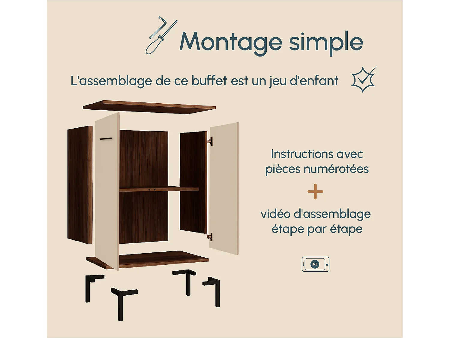 Aparador pequeño para Salón comedor en Nogal Ambar y Beige 60x30x84cm Lander L15