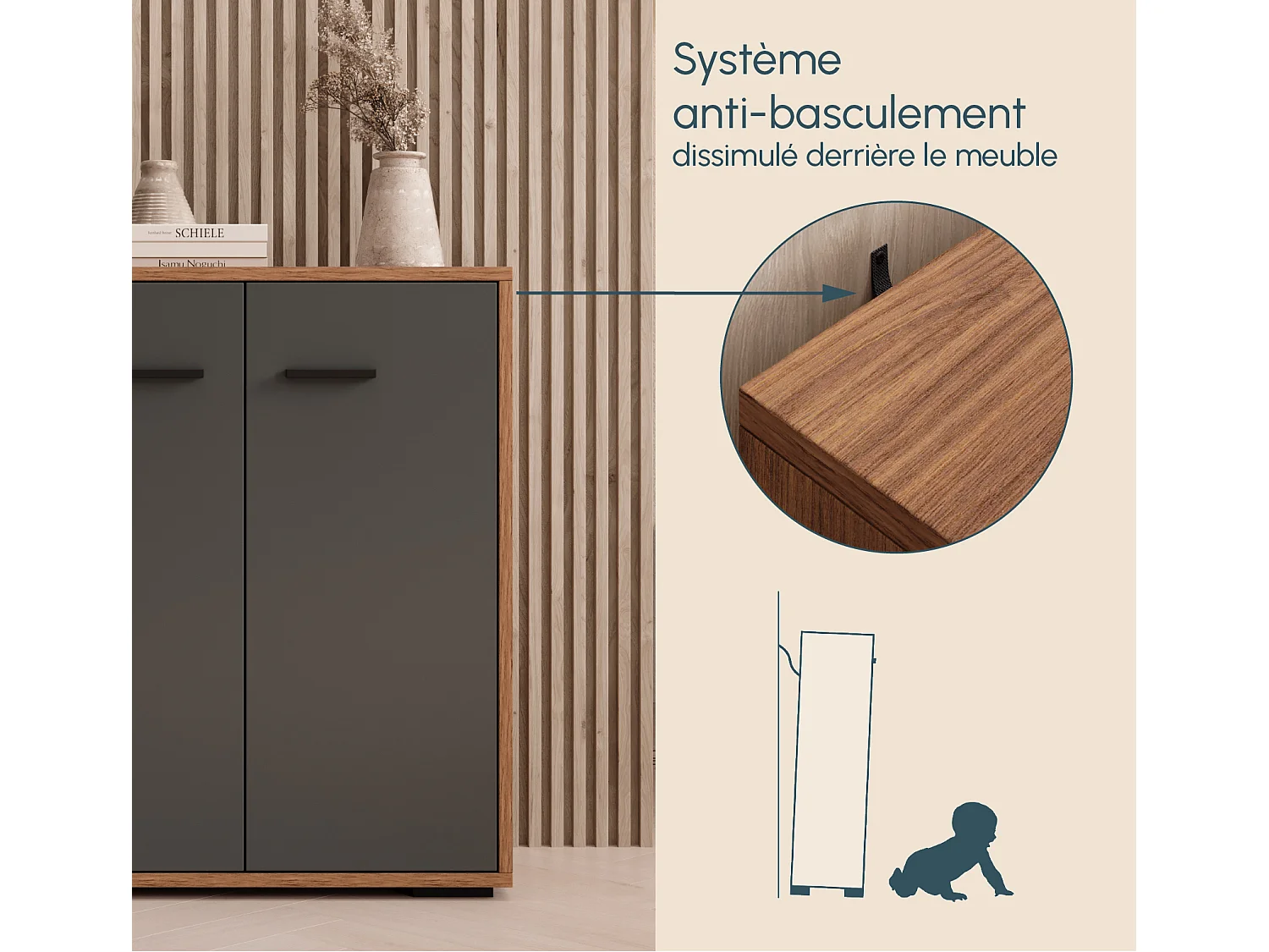 Bahut Buffet bas pour Salon Salle à manger en Noyer Ambar et Gris 60x30x71cm Lander L2