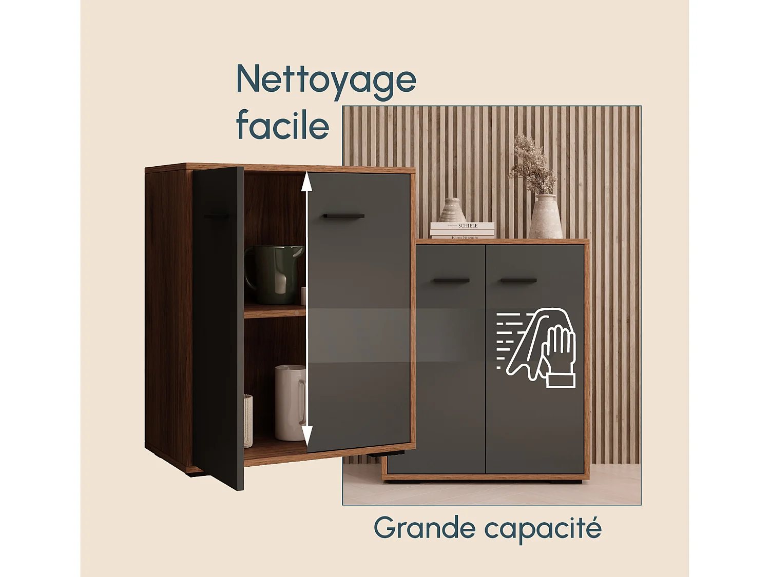 Bahut Buffet bas pour Salon Salle à manger en Noyer Ambar et Gris 60x30x71cm Lander L2