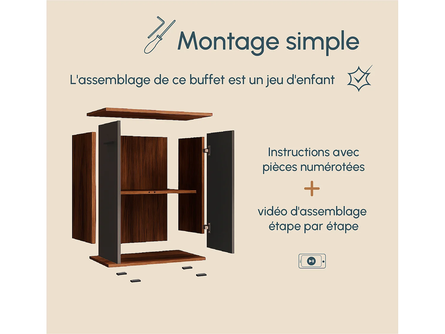 Bahut Buffet bas pour Salon Salle à manger en Noyer Ambar et Gris 60x30x71cm Lander L2