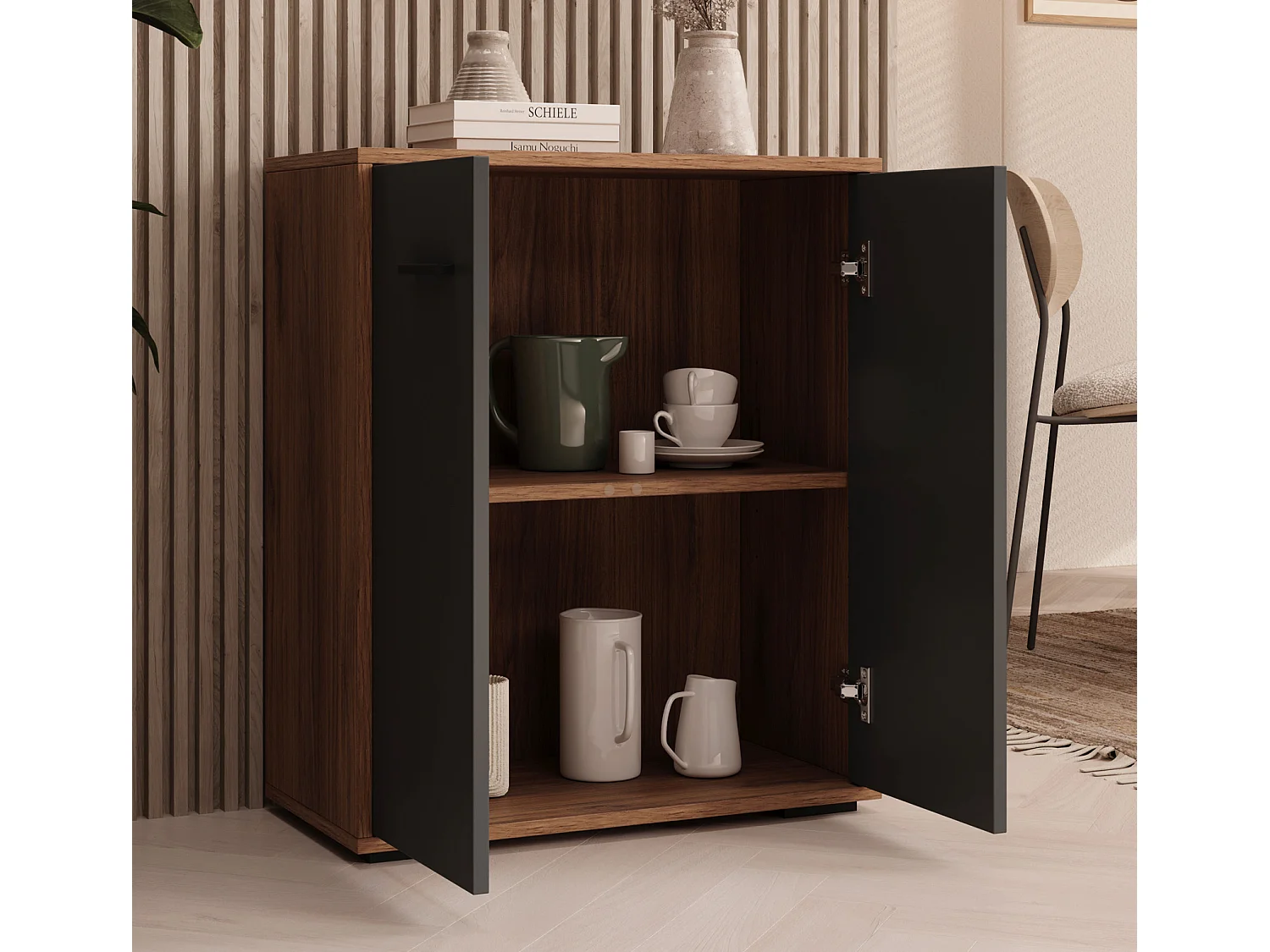 Aparador pequeño para Salón comedor en Nogal Ambar y Gris 60x30x71cm Lander L2