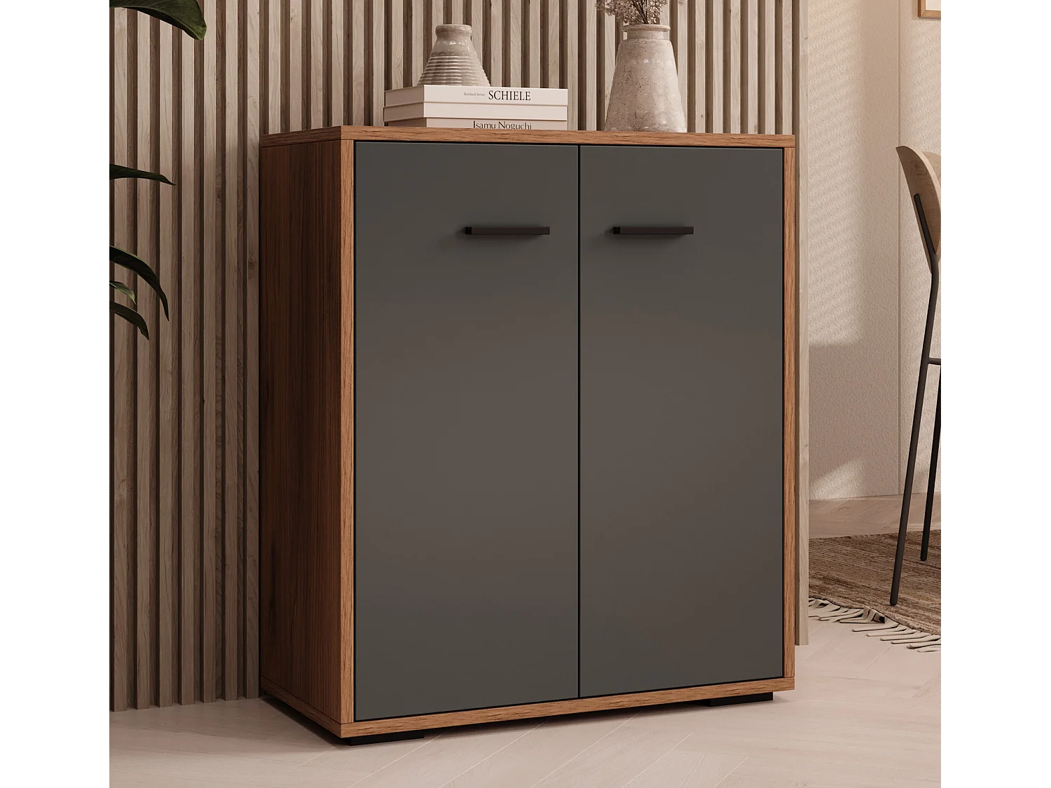 Aparador pequeño para Salón comedor en Nogal Ambar y Gris 60x30x71cm Lander L2