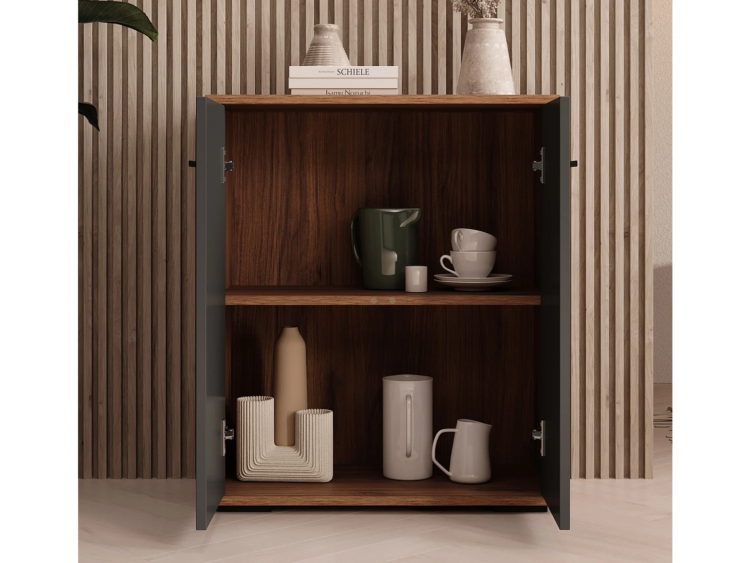 Aparador pequeño para Salón comedor en Nogal Ambar y Gris 60x30x71cm Lander L2