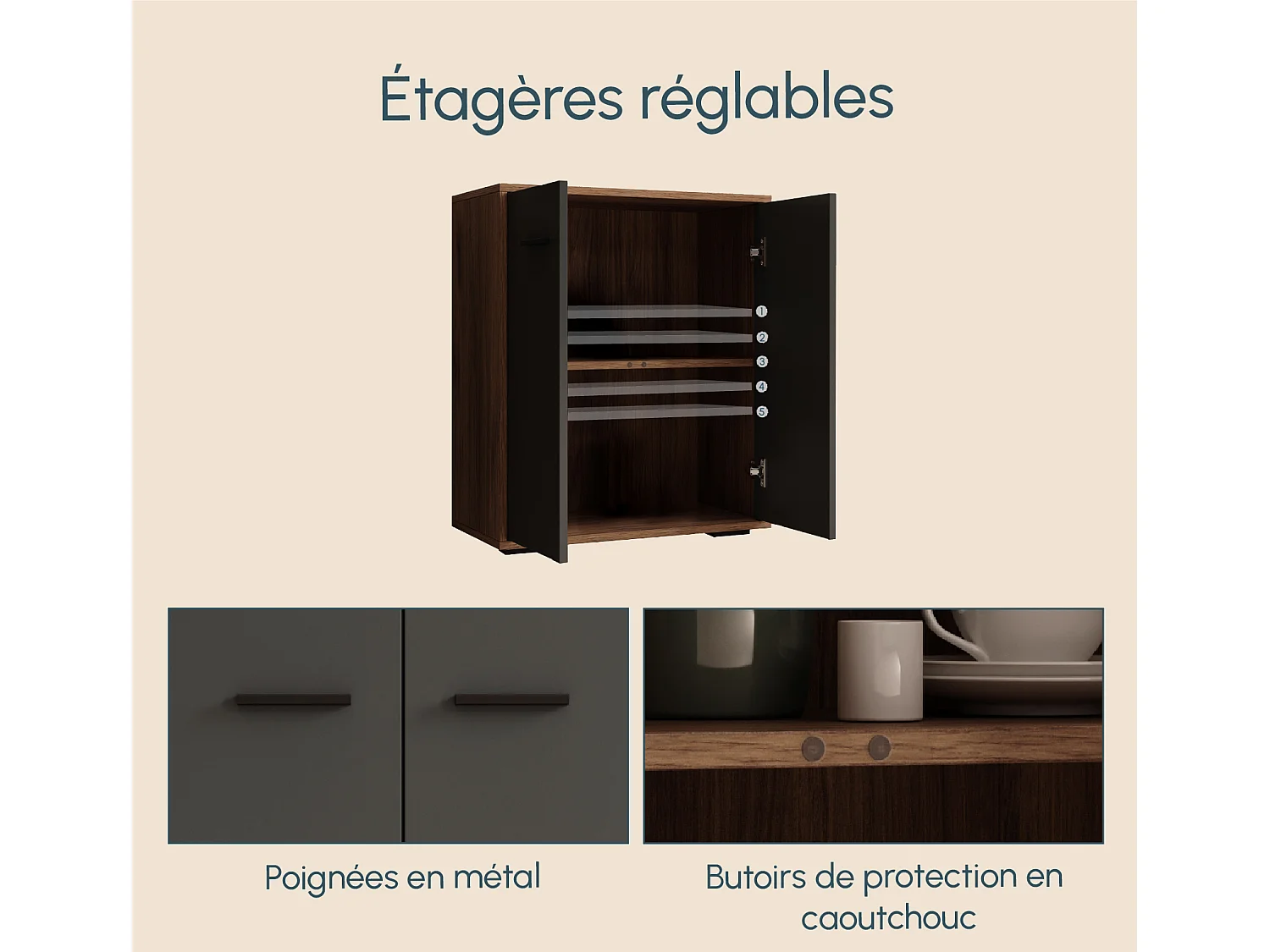 Aparador pequeño para Salón comedor en Nogal Ambar y Gris 60x30x71cm Lander L2