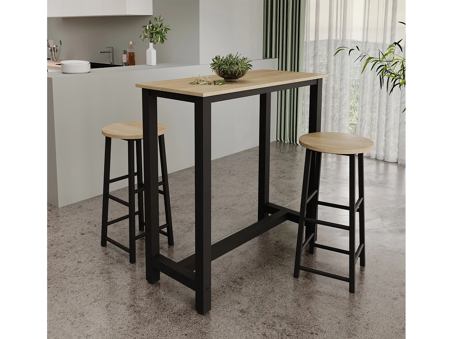 Table haute avec 2 tabourets en Noir et Sonoma 100x40x100cm Ani